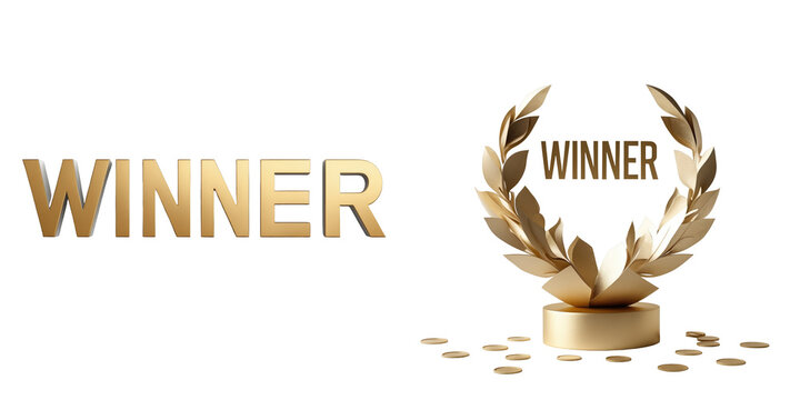 Gold winner text with laurel wreath on a pedestal surrounded by coins isolated on transparent background for award recognition or achievement design themes.