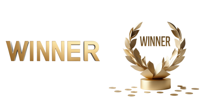 Gold winner text with laurel wreath on a pedestal surrounded by coins isolated on transparent background for award recognition or achievement design themes.