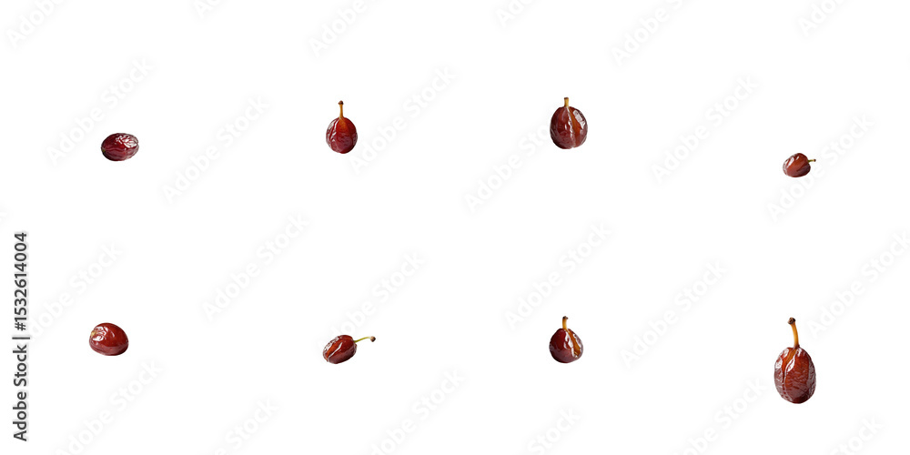 Poster red raisins isolated on a transparent background displaying various angles and positions highlightin