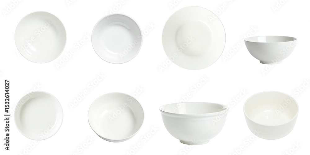 Poster variety of empty white bowls arranged in a grid pattern isolated on a transparent background showcas