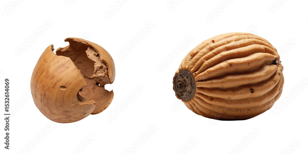 Poster detailed view of walnut shell split open and whole walnut on transparent background showcasing textu