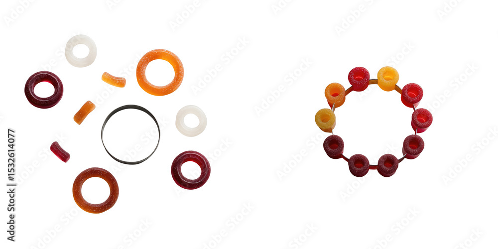 Poster assorted gummy candy ring shapes in various colors arranged artistically on a transparent background