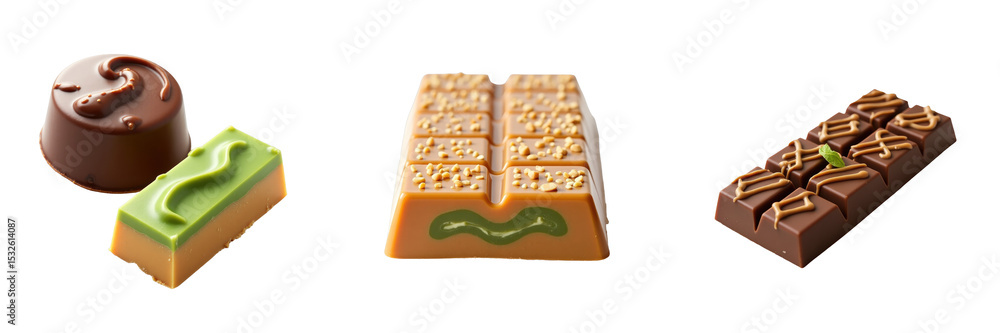 Poster assorted chocolate bars featuring green kadayif and peanut butter on transparent background with foc