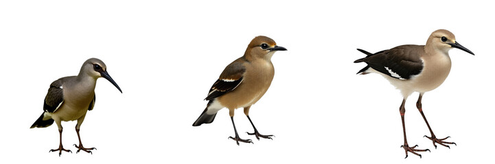 Isolated images of three wild bird species displaying different plumage colors and patterns against a transparent background highlighting their natural features and characteristics