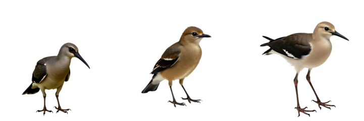 Isolated images of three wild bird species displaying different plumage colors and patterns against a transparent background highlighting their natural features and characteristics