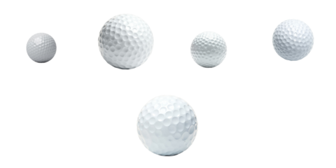 Assorted collection of five white golf balls with dimples isolated on a transparent background highlighting their spherical shape and texture ideal for sports and recreation themes.