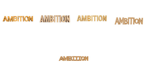 Wooden text figurines spelling the word AMBITION arranged in different styles and sizes on a solid color background isolated on transparent background