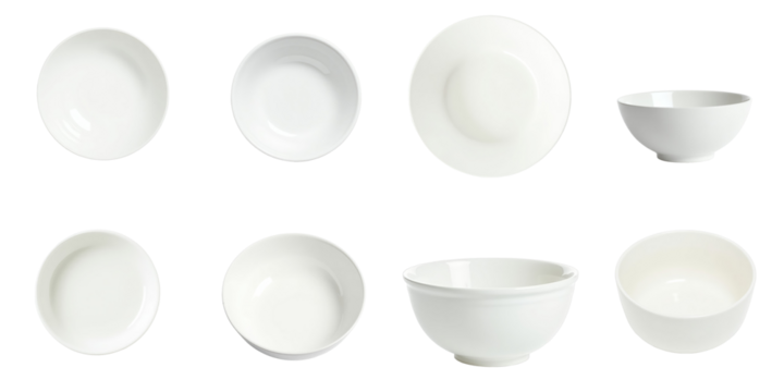 Variety of empty white bowls arranged in a grid pattern isolated on a transparent background showcasing different shapes and sizes of round ceramic dishware.