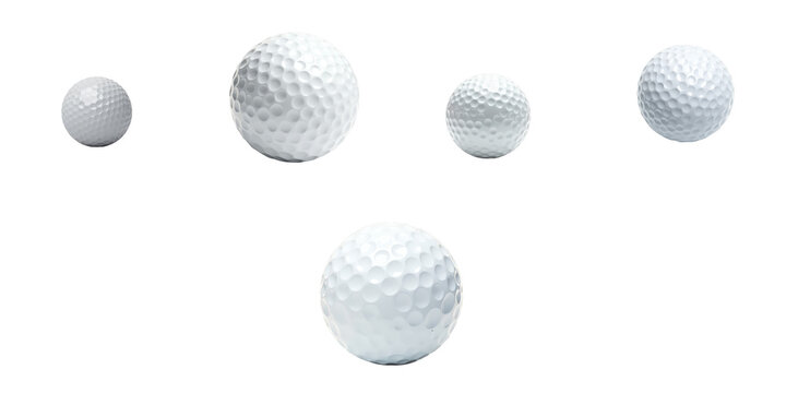 Assorted collection of five white golf balls with dimples isolated on a transparent background highlighting their spherical shape and texture ideal for sports and recreation themes.