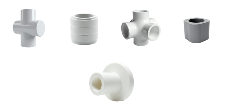 Collection of different types of PVC pipe fittings including tees, couplings, and end caps isolated on a transparent background for engineering and plumbing applications