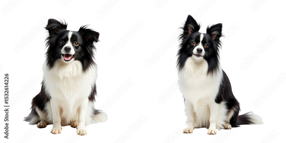Aufkleber small long-haired papillon dog with transparent and white fur and prominent pointed ears sitting in 