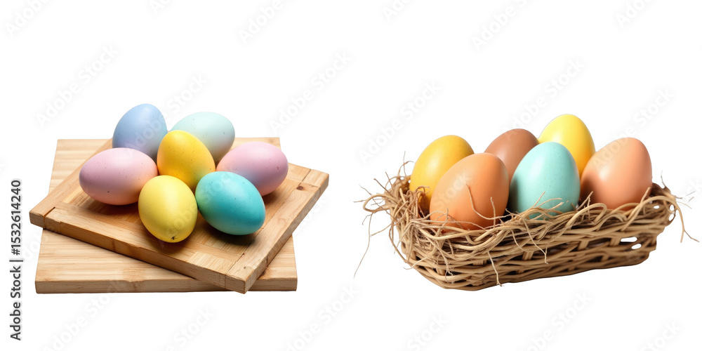 Poster pastel colored easter eggs arranged on a wooden board and in a wicker basket set against a transpare