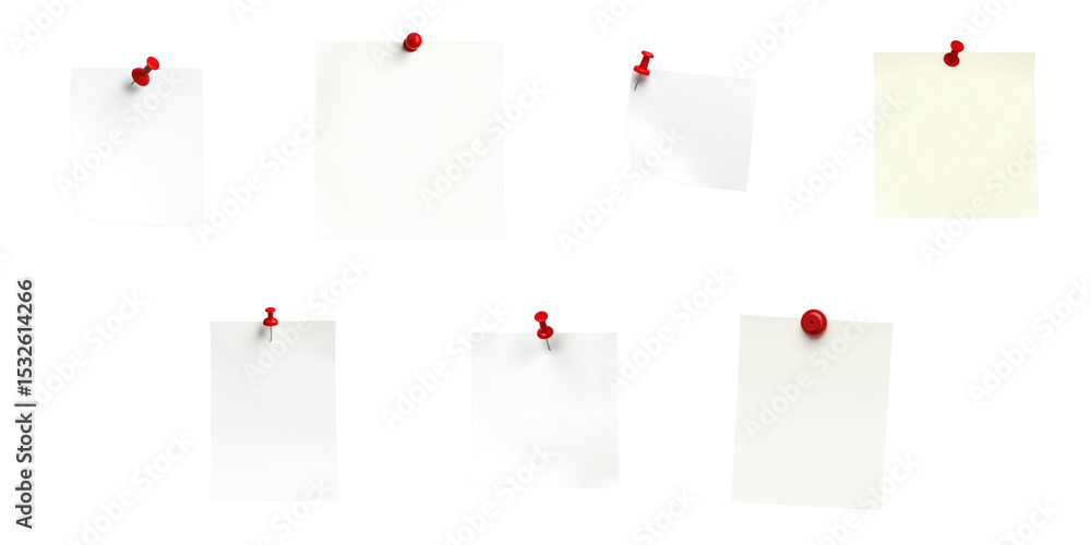 Poster set of blank paper notes with red push pins displayed on a transparent background arranged in variou