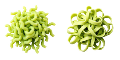 Green fettuccine pasta nests displayed on a transparent background featuring two separate clumps of twisted and tangled pasta strands for culinary compositions