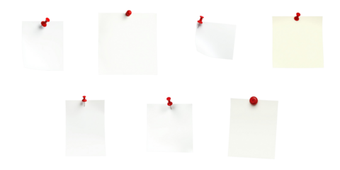 Set of blank paper notes with red push pins displayed on a transparent background arranged in various positions and orientations isolated on transparent backdrop