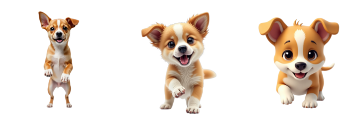 three playful cartoon dogs with big ears and expressive faces in various poses on a transparent background capturing their joyful and energetic nature
