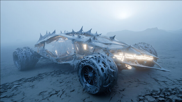 A futuristic bioengineered vehicle features a unique design inspired by natural forms.