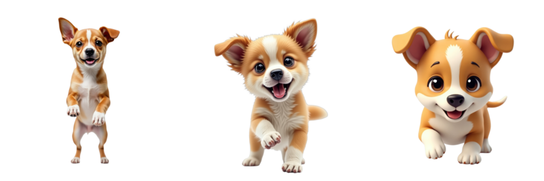 three playful cartoon dogs with big ears and expressive faces in various poses on a transparent background capturing their joyful and energetic nature