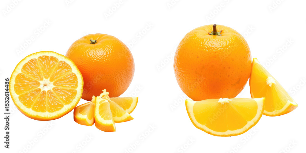Poster ripe orange fruit and multiple slices isolated on transparent background showcasing vibrant color an