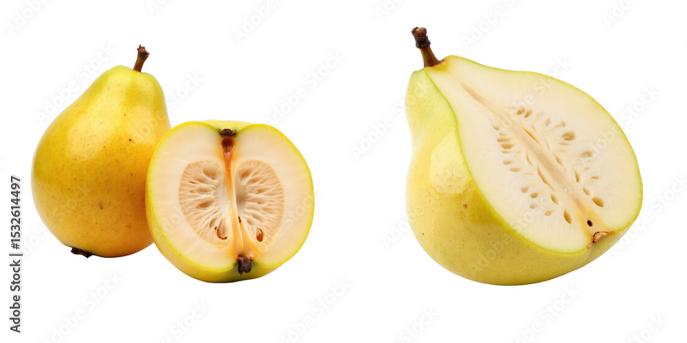 Poster yellow guava fruit whole and halved with visible seeds and flesh details isolated on transparent bac