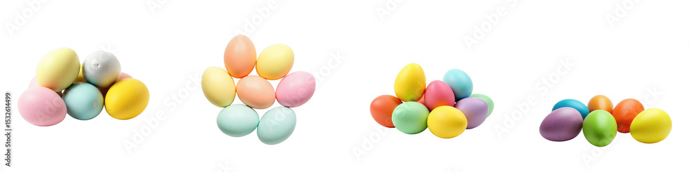 Poster variety of colorful easter eggs arranged in groups isolated on a transparent background emphasizing 