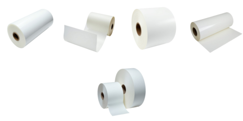 Various rolls of polypropylene film workpieces arranged in different positions, isolated on a transparent background for clear visibility and versatility in design applications.