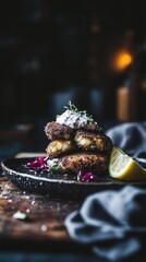 Crispy crab cakes stacked on black plate with lemon and herbs  
