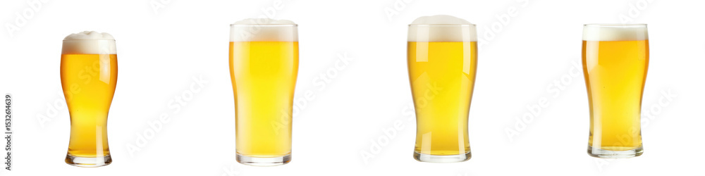 Poster selection of four transparent glasses filled with yellow beer, each topped with frothy white foam, i