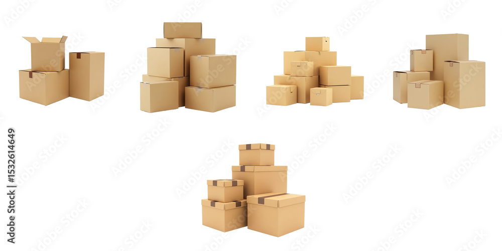 Poster various sizes and shapes of cardboard boxes stacked and arranged isolated on a transparent backgroun