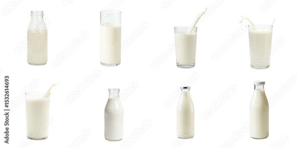 Poster collection of various types of milk containers including bottles and glasses displaying milk in diff