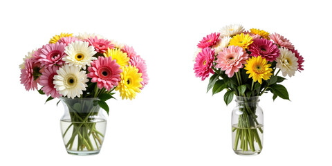 Fototapeta premium Assorted vibrant gerbera daisies arranged in two clear glass vases with water, complemented by green leaves, isolated on a transparent background for clear visibility.