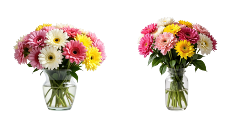 Assorted vibrant gerbera daisies arranged in two clear glass vases with water, complemented by green leaves, isolated on a transparent background for clear visibility.