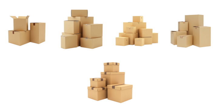 various sizes and shapes of cardboard boxes stacked and arranged isolated on a transparent background suitable for packaging and shipping design projects