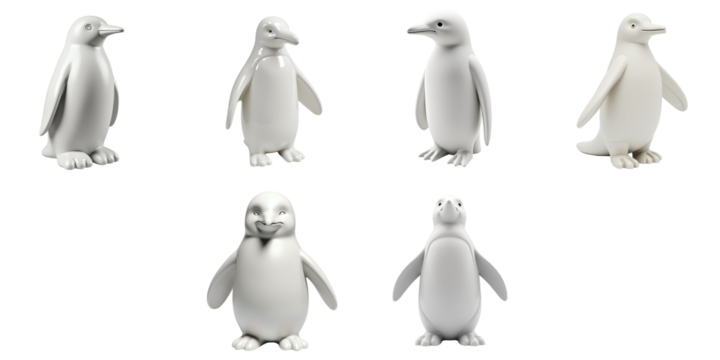 Collection of decorative white gypsum statuettes of penguins in various poses arranged in a circle on a transparent background. Ideal for design and illustration purposes.