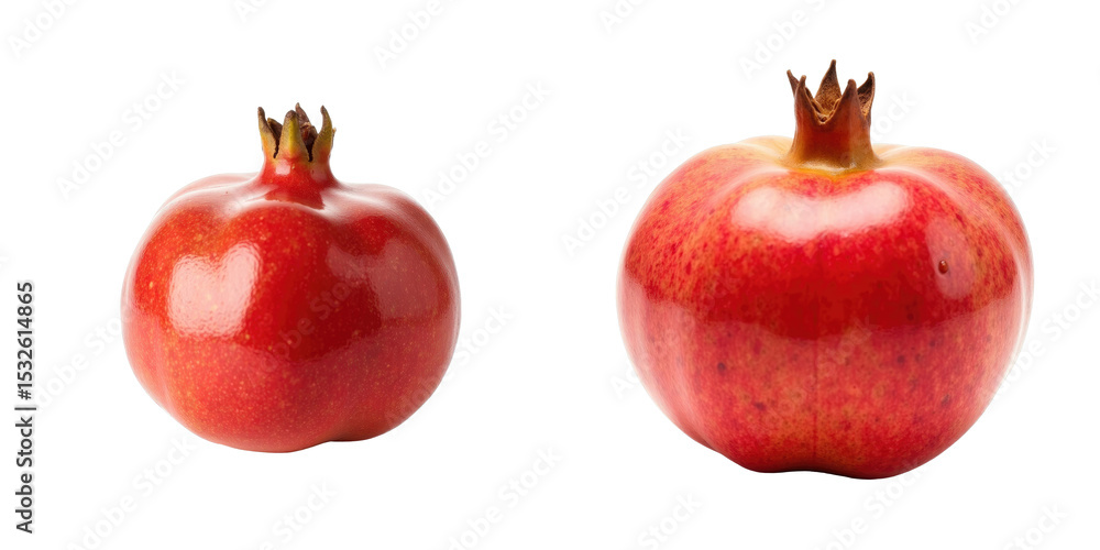 Poster two fresh red pomegranates isolated on a transparent background displaying their glossy skin and dis