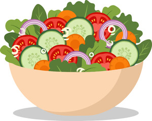 Flat Vector Illustration of Fresh Salad in Light Beige Bowl on White Background