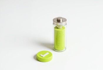 Obraz premium Full battery energy concept green battery in glass jar with check mark on white background studio shot