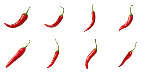 Red cayenne peppers arranged in a grid on a transparent background featuring eight distinct orientations with vibrant color and detailed texture of each chili pepper