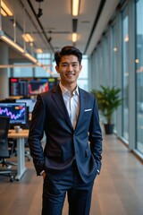 Fototapeta premium Confident Young Asian Male Professional in a Sleek Fintech Office