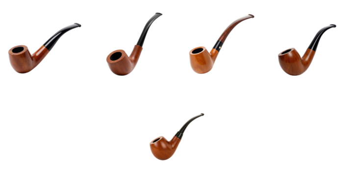 Collection of five wooden smoking pipes displayed in different angles against a transparent background for clarity and detail in design and craftsmanship