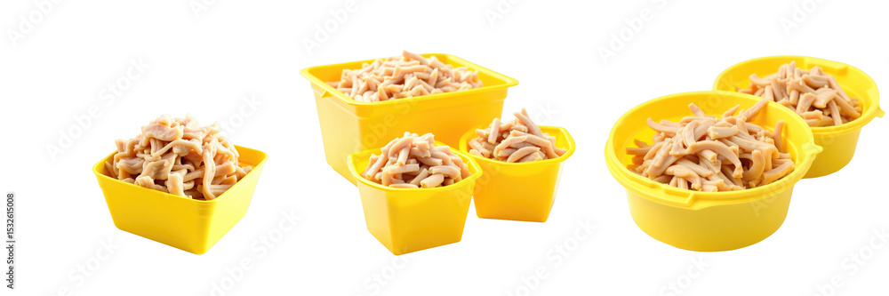 Poster shredded chicken breast for shabu shabu in various yellow containers isolated on a transparent backg