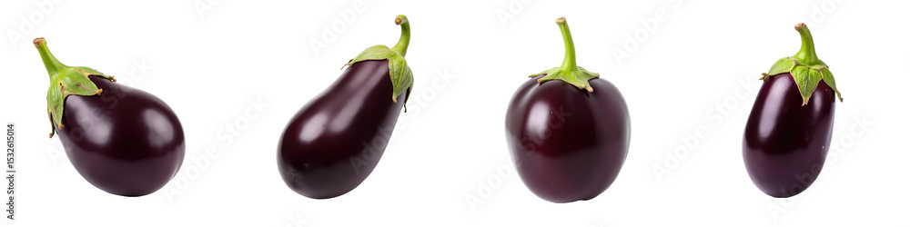 Poster four fresh eggplants arranged in a row each with a green cap isolated on a transparent background hi
