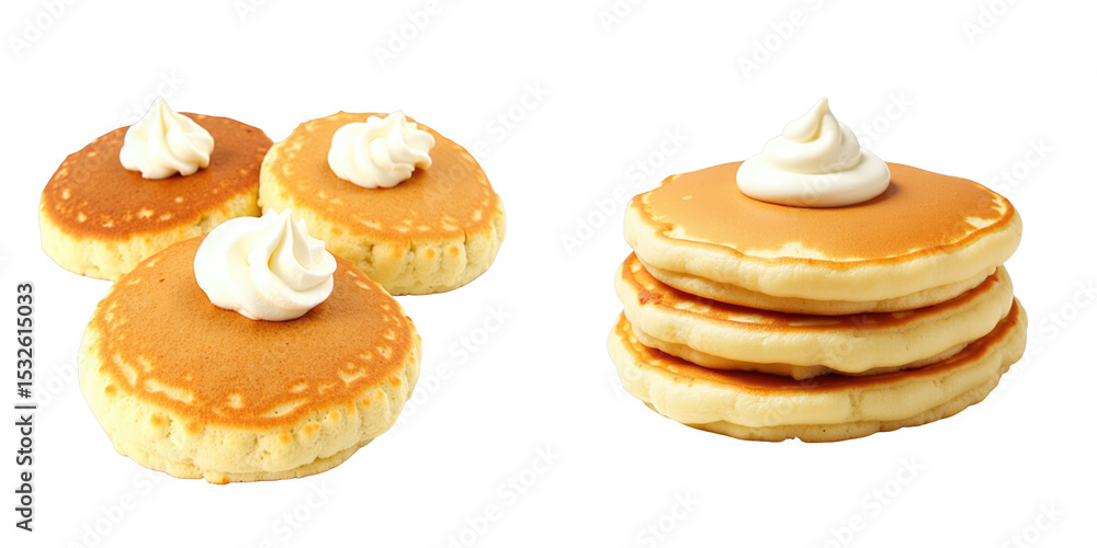 Poster three stacked pancakes topped with dollops of sour cream alongside three smaller pancakes each with 