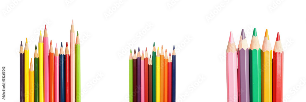 Poster various colorful pencils arranged in groups isolated on transparent background showcasing different 