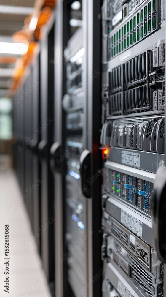 Poster high-tech server room features green and blue storage units, emphasizing energy efficiency and rapid