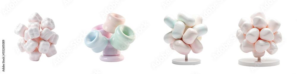 Poster colored marshmallow shapes displayed on stands, arranged in diverse formations, isolated against a t