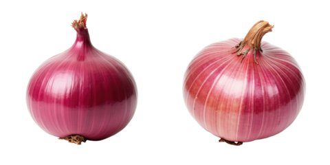 Red onions displayed in two distinct views with a smooth glossy surface and thin, vibrant skin isolated on a transparent background for clear visibility and detail.
