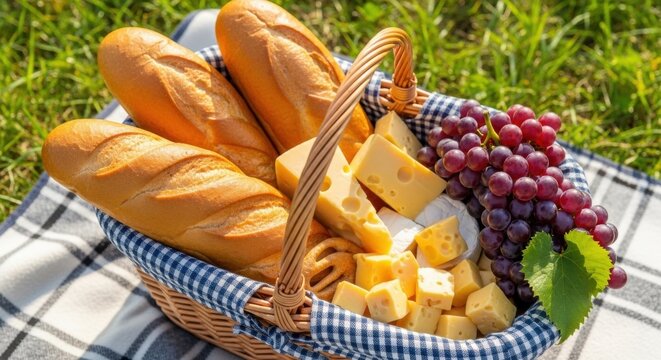 Basket of French Baguette Cheese and Grapes on Picnic Blanket in Green Grass - Powered by Adobe