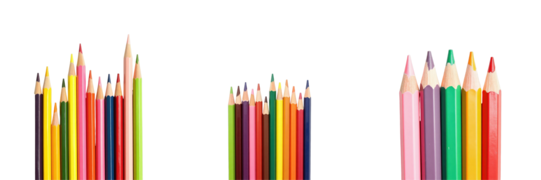 various colorful pencils arranged in groups isolated on transparent background showcasing different colors and points in a vertical layout