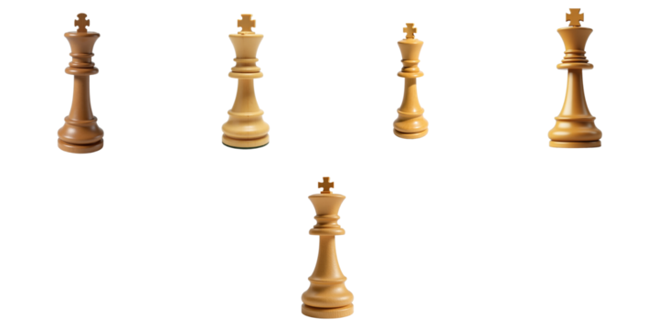 Set of five wooden chess pieces including king and rook displayed individually on a transparent background for distinctive visibility and use in designs - Powered by Adobe